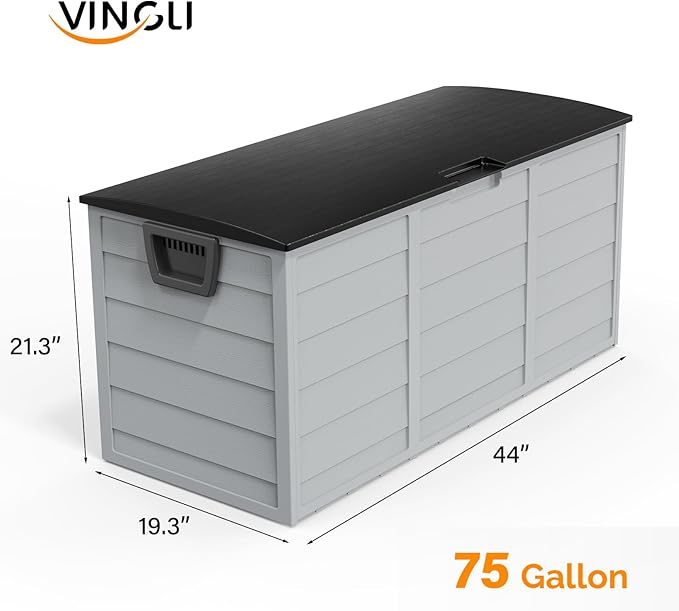 VINGLI 75 Gallon Outdoor Storage Box, Lockable Plastic Storage Containers with Lid, Patio Deck Box Furniture for Garden, Pool, Balcony, Yard (Black)