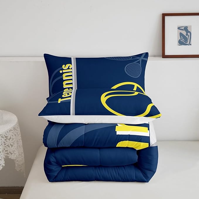 Feelyou Kids Tennis Comforter Set Twin Size Tennis Sports Bedding Set for Boys Girls Teens Bedroom Decor Tennis Gaming Comforter Blue Yellow Tennis Lovers Duvet Set with 1 Pillow Case
