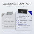Renogy 12V 200Ah Lithium LiFePO4 Deep Cycle Battery, 5000+Deep Cycles, 200A BMS,Backup Power for Trolling motor, Cabin,Marine, Off-Grid Home Energy Storage-Core Series