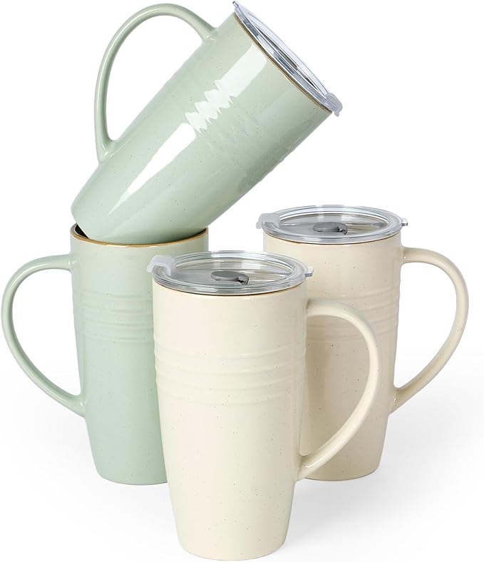 famiware Jupiter Large Coffee Mug, 20oz Coffee Mug with Lid, Ceramic Mugs Set of 4, Cup Set with Handle for Latte, Tea, Cocoa, Milk, Microwave and Dishwasher Safe, Light Green and Vanilla White