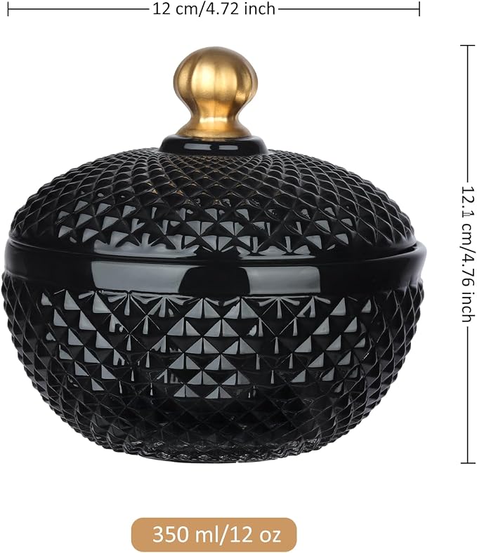 Joeyan 12 oz Small Black Glass Jars with Lid,Embossed Glass Candy Dishes,Diamond Faceted Food Container,Decorative Jewelry Box Apothecary Canisters,Colored Kitchen Bathroom Buffet Storage Organizer