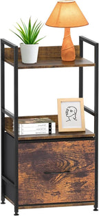 Book Shelf with Storage 3 Tier Narrow Skinny Short Standing Shelves Bookcase with Drawers for Bedroom Living Room, Small Bookshelf for Small Space Rustic Shelf Organizer Office Display Shelf