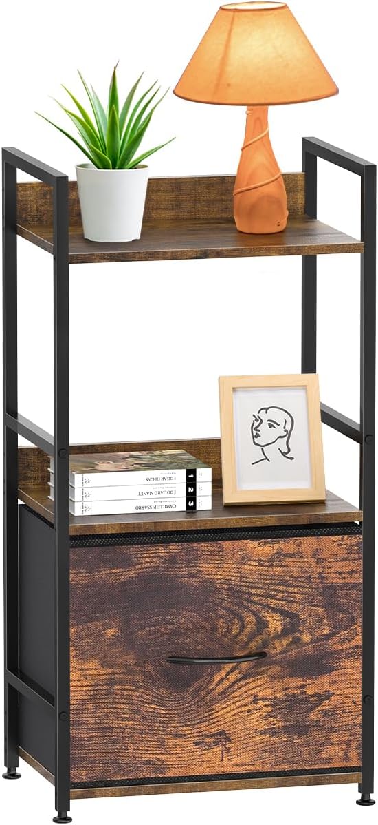 Book Shelf with Storage 3 Tier Narrow Skinny Short Standing Shelves Bookcase with Drawers for Bedroom Living Room, Small Bookshelf for Small Space Rustic Shelf Organizer Office Display Shelf