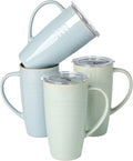 famiware Jupiter Large Coffee Mug, 20oz Coffee Mug with Lid, Ceramic Mugs Set of 4, Cup Set with Handle for Latte, Tea, Cocoa, Milk, Microwave and Dishwasher Safe, Light Blue and Light Green