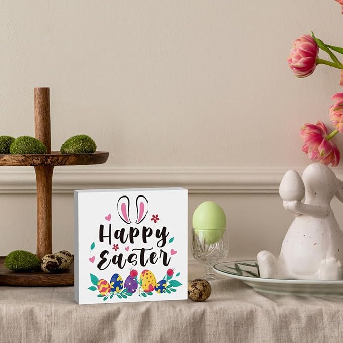 Rustic Farmhouse Bunny Easter Decorations Country Home Office Desk Decor Happy Easter Sign Cubicle Shelf Tabletop Tiered Tray Decor Gifts for Women 5 X 5 Inch