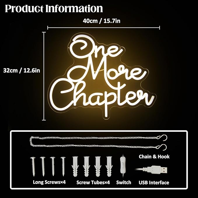 One More Chapter Neon Sign Read Books Neon Light Warm White Letter LED Signs for Wall Read Neon Lights Signs for Bedroom Study Reading Room Library Bookstore Classroom Decor Bookish Gifts