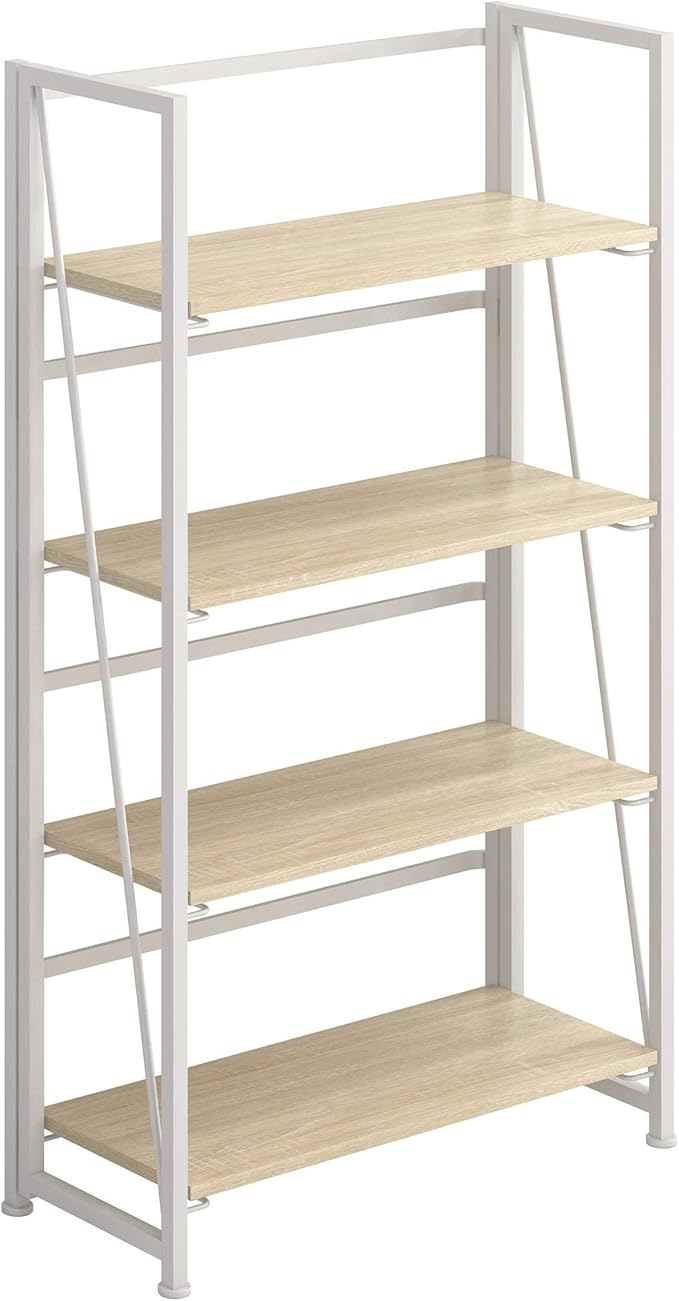 4NM No-Assembly Folding Bookshelf Storage Shelves 4 Tiers Vintage Bookcase Standing Racks Study Organizer Home Office (Natural and White)
