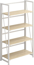 4NM No-Assembly Folding Bookshelf Storage Shelves 4 Tiers Vintage Bookcase Standing Racks Study Organizer Home Office (Natural and White)
