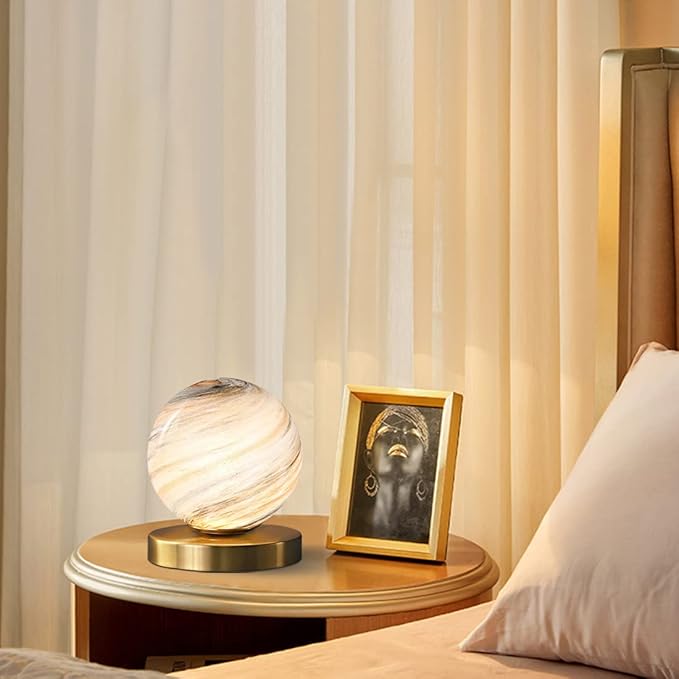 Bedside Table Lamp Gold Desk Lamp Reading Lamp with Handblown Glass Globe Shade, Plug in Table Desk Lamp for Bedroom Office Library Study Room (Moon Shade)
