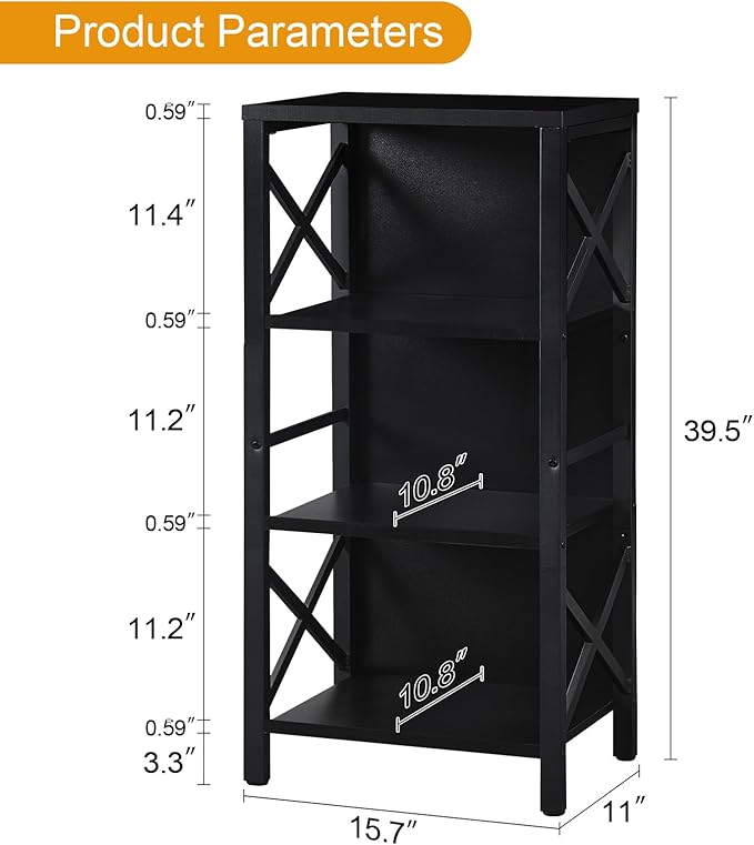 Bookcase, Industrial Small Bookshelf,4-Tier Narrow Bookcase Storage Organizer, Small Book Shelf for Small Spaces, Living Room, Bedroom and Home Office, Black