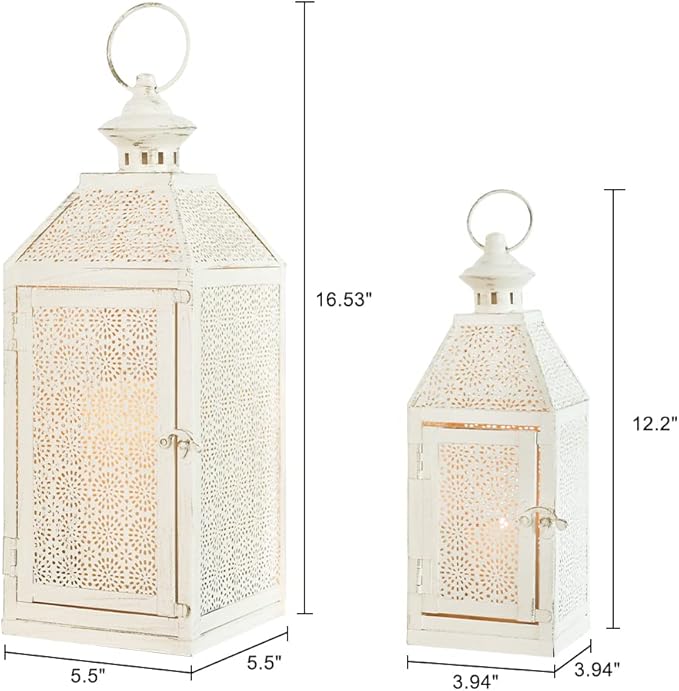 NEEDOMO 2Pack Outdoor Lantern, 16" Large White Candle Lanterns Decorative Indoor, Metal Frame with Glass, Vintage Farmhouse Lantern Decor for Front Porch, Garden, Patio, Pathway, Balcony,Yard