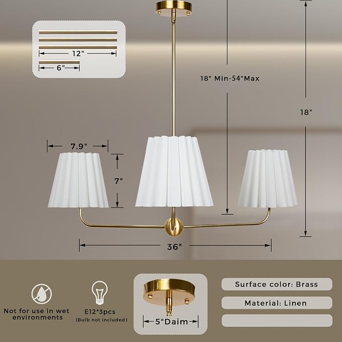 Mid-Century 3-Light Chandelier, Aged Brass & Linen | Natural Ivory Pleated Conical Shades, 120° Equal Arms, Perfect for Kitchen Island, Dining Room, Living Room