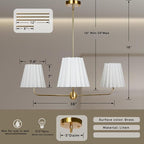 Mid-Century 3-Light Chandelier, Aged Brass & Linen | Natural Ivory Pleated Conical Shades, 120° Equal Arms, Perfect for Kitchen Island, Dining Room, Living Room