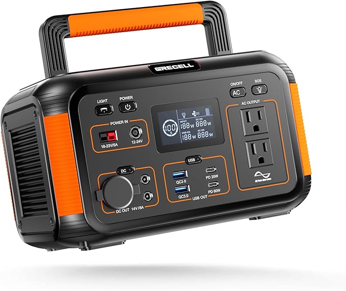 GRECELL 500W Portable Power Station 444Wh Solar Generator with 110V Pure Sine Wave AC Outlet/PD60W, 1000W Peak power station for Camping Trip RV Outdoor Home Emergency Backup & Solar Powered