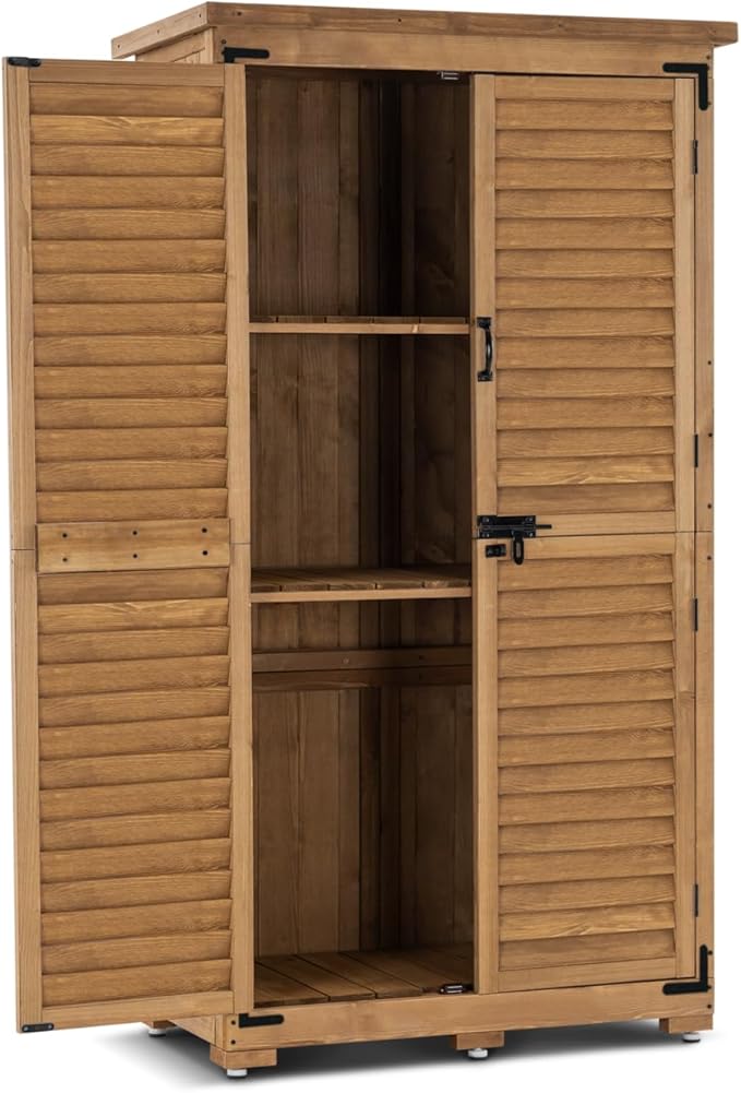 MCombo Outdoor Storage Cabinet, Garden Storage Shed, Outside Vertical Shed with Lockers, Outdoor 63 Inches Wood Tall Cabinet for Yard and Patio 0870 (Natural)