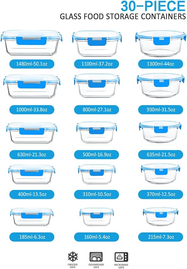 M MCIRCO 30 Pieces Glass Food Storage Containers with Upgraded Snap Locking Lids,Glass Meal Prep Containers Set - Airtight Lunch Containers, Microwave, Oven, Freezer and Dishwasher Friendly, Blue