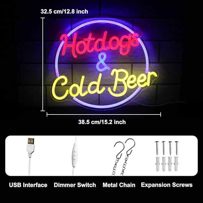 Hot Dogs and Cold Beer Neon Sign for Wall Decor Dimmable Bar Neon Light Sign Colorful LED Neon Signs Beer Neon Light Wall Art LED Sign for Bar Restaurant Shop Food Court Party Decor