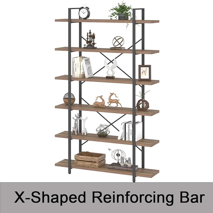 HSH Tall Bookcases and Book Shelves 6 Shelf, Metal Wooden Book Shelf and Storage Rack, Modern Etagere 6 Tier Bookshelf, Farmhouse Large Display Bookshelves for Bedroom Living Room Office, Rustic Oak