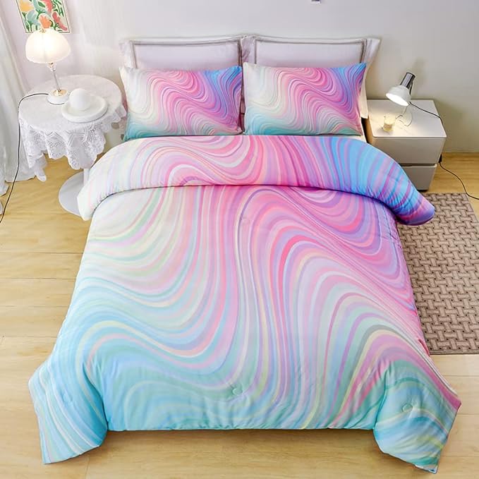 7PCS Girls Comforter Sets Twin,Pink Comforter,Girls Bed Sets Twin,Bed in a Bag with Flat Sheet and Fitted Sheet,Pillowcases,Cushions for Girls,Pink Twin Bedding Sets