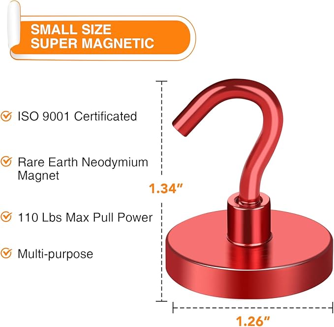 MIKEDE Strong Magnetic Hooks, 110Lbs Heavy Duty Magnetic Hooks for Cruise, Neodymium Earth Magnets with Hooks for Hanging, Super Metal Magnetic Hanger for Grill, Storage (Red,10 Pack)