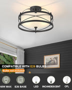 Entryway Drum Light Fixtures, Semi-Flush Mount Rustic Ceiling Light for Hallway Living Room Bedroom Kitchen (Black)