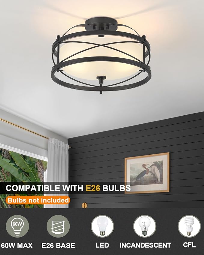 Entryway Drum Light Fixtures, Semi-Flush Mount Rustic Ceiling Light for Hallway Living Room Bedroom Kitchen (Black)