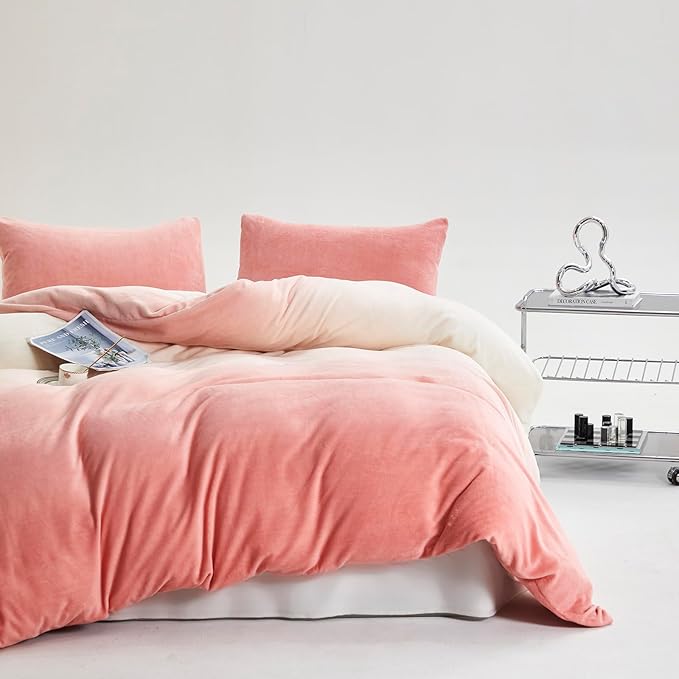 Wellboo Pink White Gradient Comforter Sets Full White and Pink Fluffy Bedding Comforters Modern Bean Pink Gradient Flannel Quilts Farmhouse Abstract Art Watercolor Comforters Sherpa Fuzzy Plush Bed