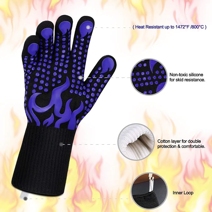 Comsmart BBQ Gloves, 1472 Degree F Heat Resistant Grilling Gloves Silicone Non-Slip Oven Gloves Long Kitchen Gloves for Barbecue, Cooking, Baking, Cutting