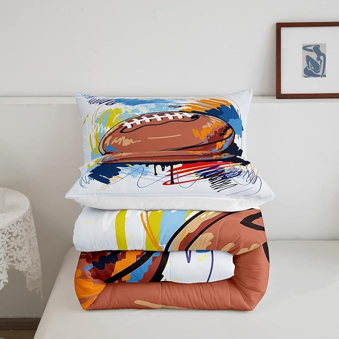 Boys Football Comforter Set Twin Kids Teen Sports Bedding Set Bedroom Decor,Watercolor Tie Dye Hand Drawn Graffiti Football Bedding Comforter Sets Rugby Quilt Duvet 1 Pillow Case Colorful Brown