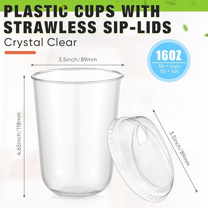 Ziliny 50 Sets Clear Plastic Coffee Cups with Sip Lids, Disposable Plastic PET Crystal Cups for Iced Coffee, Smoothie, Cold Beverage, Drink Shops and Party Catering(Clear,16 oz)
