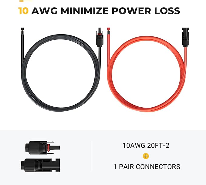BougeRV 20 Feet 10AWG Solar Extension Cable with Female and Male Connector with Extra Pair of Connectors Solar Panel Adaptor Kit Tool (20FT Red + 20FT Black)