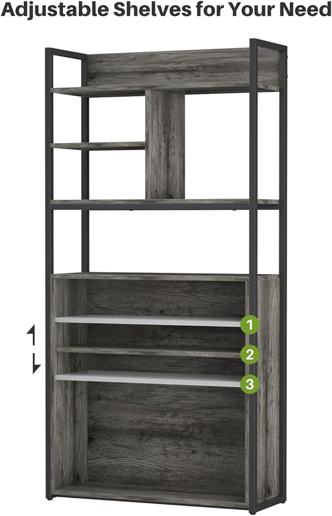 armocity Industrial Bookshelf, 6 Tier Tall Bookshelves Wood Metal Frame Standing Bookcase, Display Book Shelf with Adjustable Storage Shelves for Home Office, Living Room, Bed Room, Grey Oak