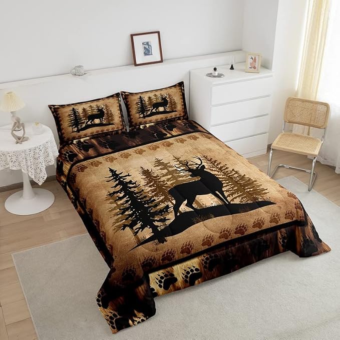 Feelyou Cute Deer Comforter Set for Girls Boys Kids Deer Hunting Bedding Set Room DecorBear Paw Print Tree Bedding Set Exotic Brown Duvet Set King Size 3Pcs Quilt Boys