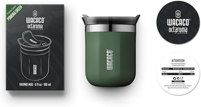WACACO Octaroma Classico Vacuum Insulated Coffee Mug, Double-wall Stainless Steel Travel Tumbler With Drinking Lid, 6 fl oz (180ml), Pomona Green