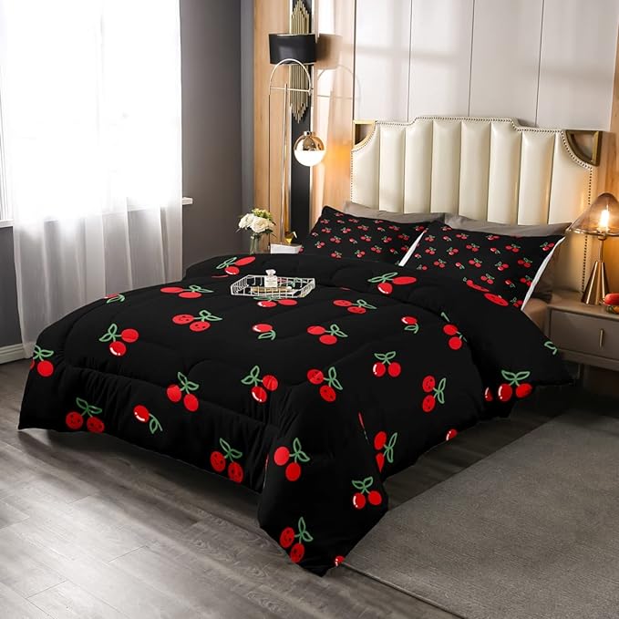 Erosebridal Red Cherry Bedding Set for Kids, Fruit Kawaii Comforter Set Full, Cute Cherry Cartoon Quilted Duvet for Boys Girls Women Bedroom Decor, Reversible Luxury Cherry Quilted Comforter, Black