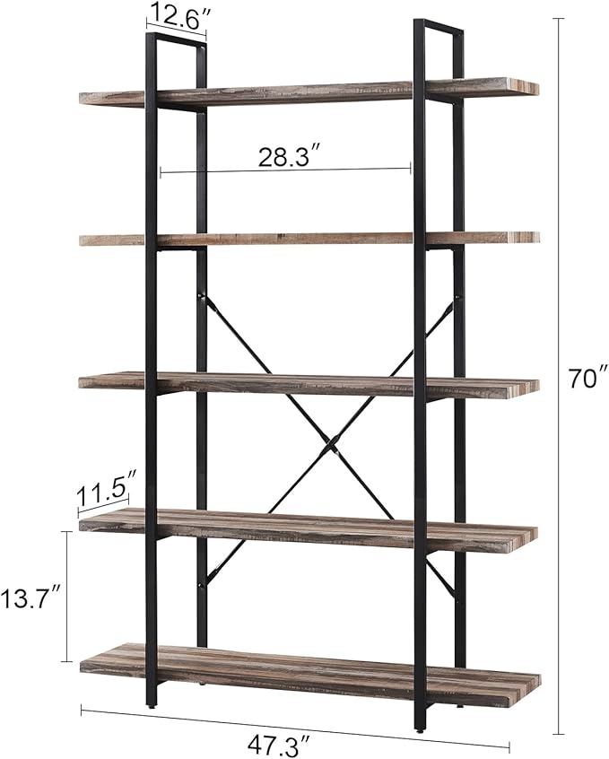 HOMISSUE Bookshelf,5-Tier Bookshelf Industrial Bookcase and Bookshelves,Rustic Storage Rack with Open Shelves for Living Room Bedroom and Kitchen,Retro Brown