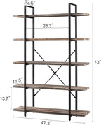 HOMISSUE Bookshelf,5-Tier Bookshelf Industrial Bookcase and Bookshelves,Rustic Storage Rack with Open Shelves for Living Room Bedroom and Kitchen,Retro Brown