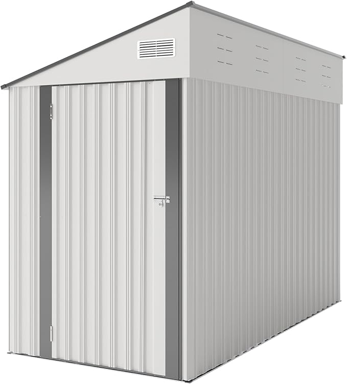 YOPTO 4×8 FT Outdoor Metal Storage Shed,Heavy-Duty Lean to Storage Shed with Lockable Single Side Hinge Door,Waterproof Metal Storage Tool House W/Sloping Roof,Air Vent&Protect Film,for Backyard,White