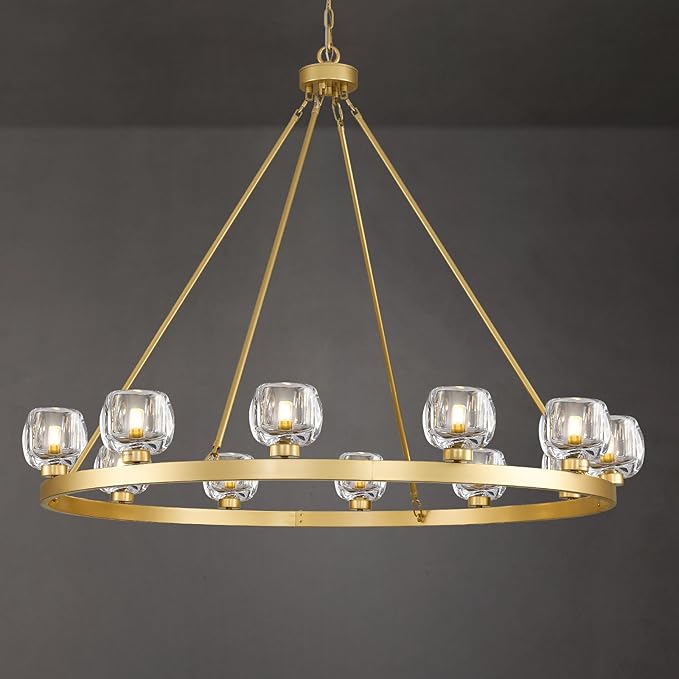Gold Wagon Wheel Chandelier, 59 Inch Brass Chandeliers with Unique Glass Shade, 15-Light Crystal Large Wagon Wheel Chandeliers for Dining Room, High Ceiling Round Chandelier for Living Room, Foyer