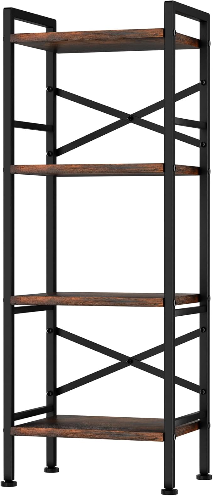 4 Tier Book Shelf, Small Bookshelf Storage Organizer, Tall Narrow Bookcase with Storage Shelves, Wooden Industrial Office Shelves for Bedroom, Living Room, Rustic Brown