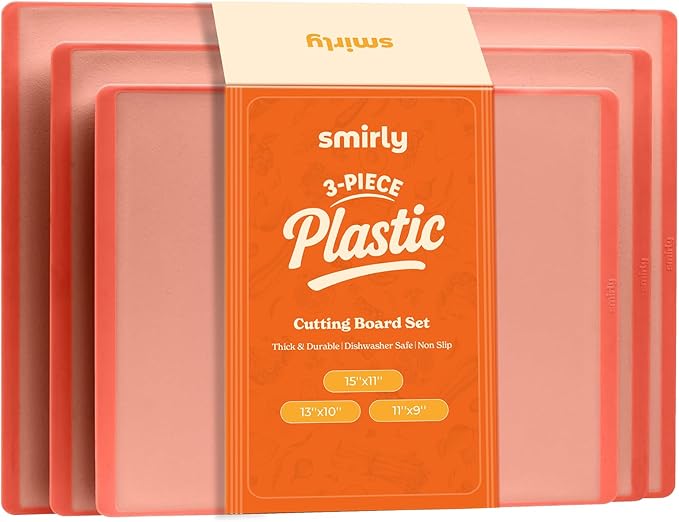 SMIRLY Plastic Cutting Board Set 3 Pieces, Non-Slip Dishwasher Safe Chopping Boards for Kitchen, Pink