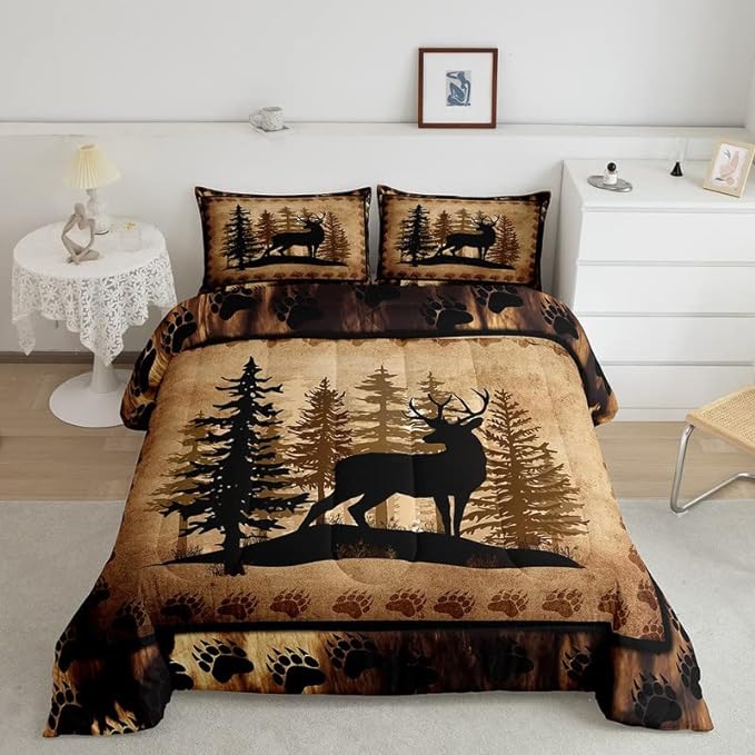 Feelyou Cute Deer Comforter Set for Girls Boys Kids Deer Hunting Bedding Set Room Decorative Bear Paw Print Tree Pattern Bedding Set Exotic Style Brown Duvet Set Queen Size 3Pcs Quilt Set