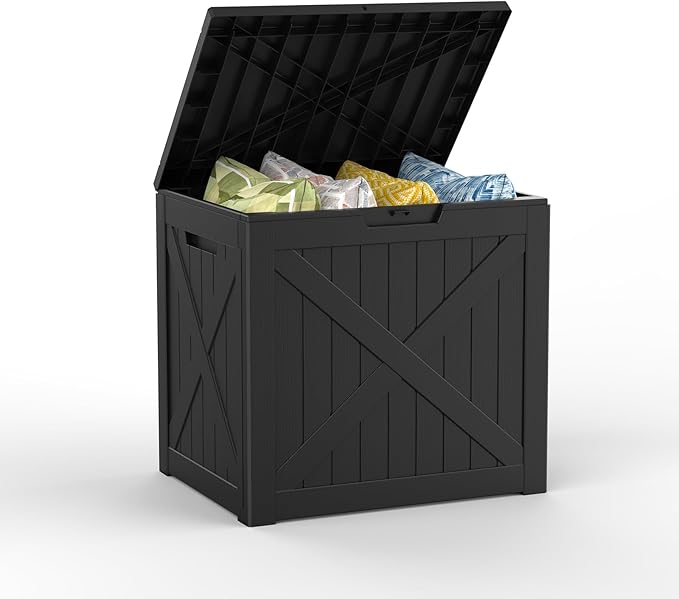 Mars Villa 31 Gallon Deck Box, Outdoor Storage Box Waterproof, Outside Resin Storage Bin for Outdoor Patio Furniture Cushions, Pool Supplies, Garden Tools, UV-Resistant and Weatherproof, Black Barn
