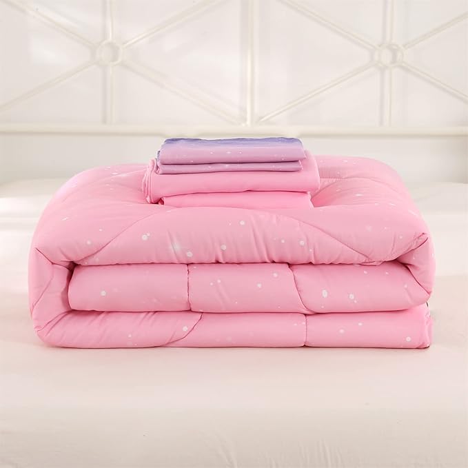 Wowelife Glitter Teen Bedding Sets for Girls Gradient Full Size 5 Pieces Comforter Set Pink Purple Kids Comforter Sets Lightweight with Comforter, Flat Sheet, Fitted Sheet and 2 Pillowcases