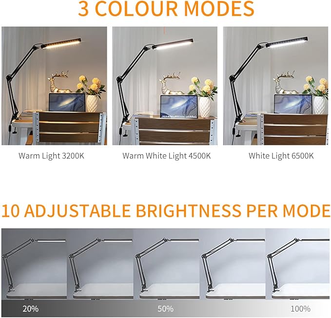 LED Metal Swing Arm Desk Lamp with Clamp, 14W Eye-Caring 3 Modes, 30 Brightness Dimmable, Memory Function/USB Adapter, Architect Table Light for Home Office (White)