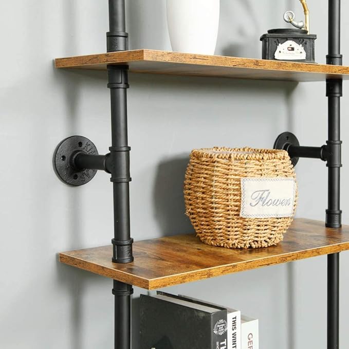 6-Tier Industrial Pipe Shelves Shelf Shelving Rustic Wood Metal Wrought Iron Ladder Bookcase Bookshelf Wall Mounted Mount DIY Loft Vintage Floating Hanging Storage Display (23.6x9.8x78.7”)
