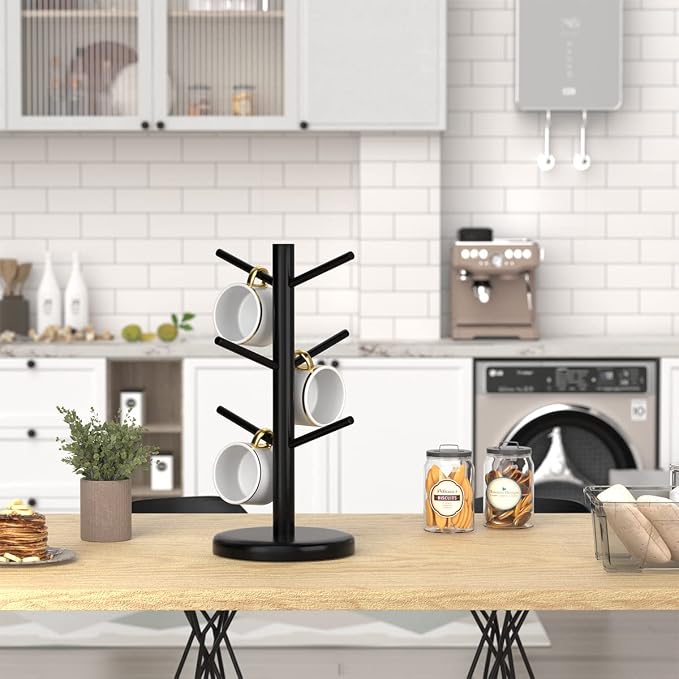 Dorhors Mug Holder Tree,Coffee Cup Holder,Mug Rack Stand Hook,Bar Organizer | Black Wood Coffee Station Accessories 6 Hook,Coffee Shelf Decor for Kitchen Countertop,Counter Storage Display Mug,Cup