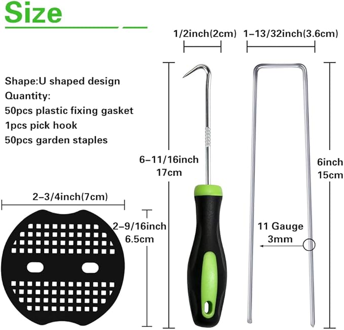 50Pcs Garden Stakes Staples + 50Pcs Gasket, Bakulyor 6 Inch Lawn Landscape Staples 11 Gauge U Shaped Galvanized Landscape Pins, Heavy Duty Yard Ground Pin for Weed Barrier Sod Fabric Decorations - 6"