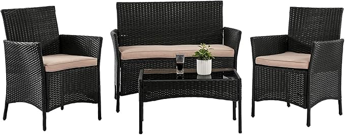 Outdoor Patio Furniture Sets 4 Pieces Patio Set Rattan Chair Wicker Sofa Conversation Set Patio Chair for Backyard Lawn Porch Poolside Balcony Garden Furniture Sets with Coffee Table (Black)