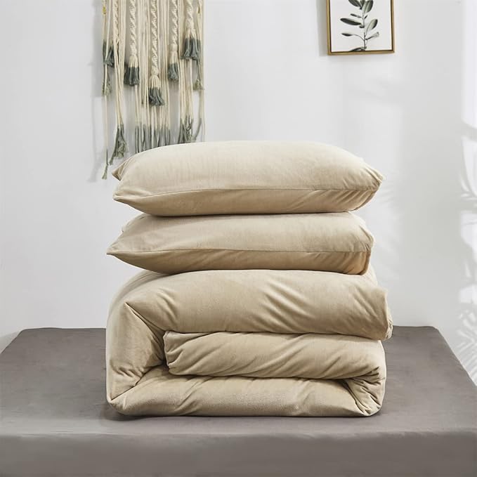 Wellboo Beige Velvet Comforter Sets Full Solid Cream Coffee Fluffy Bedding Comforters Luxury Champagne Flannel Quilts Women Men Light Taupe Fuzzy Blankets Modern Minimalist Khaki Tan Sherpa Plush Bed
